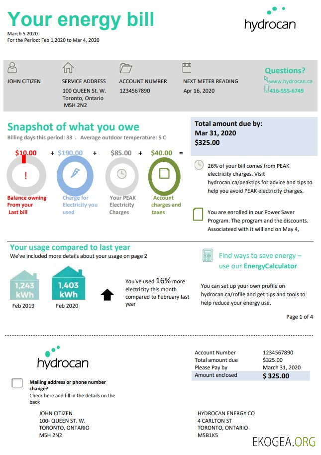 USA Ontario Hydrocan electricity utility bill template in Word and PDF format